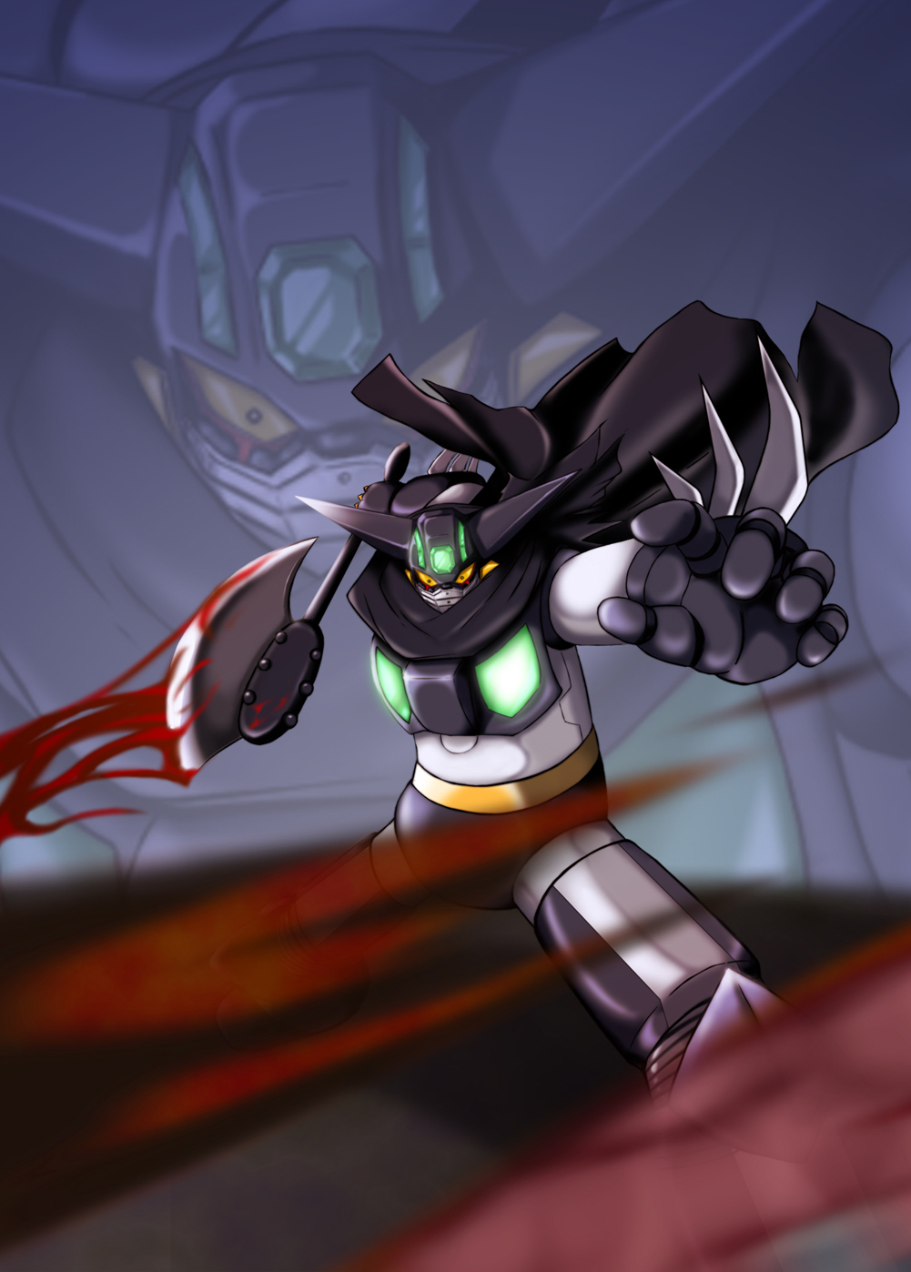 masu shu, black getter, getter robo, shin getter robo, toei company, highres, axe, blood, cape, mecha, mecha focus, robot, super robot, weapon