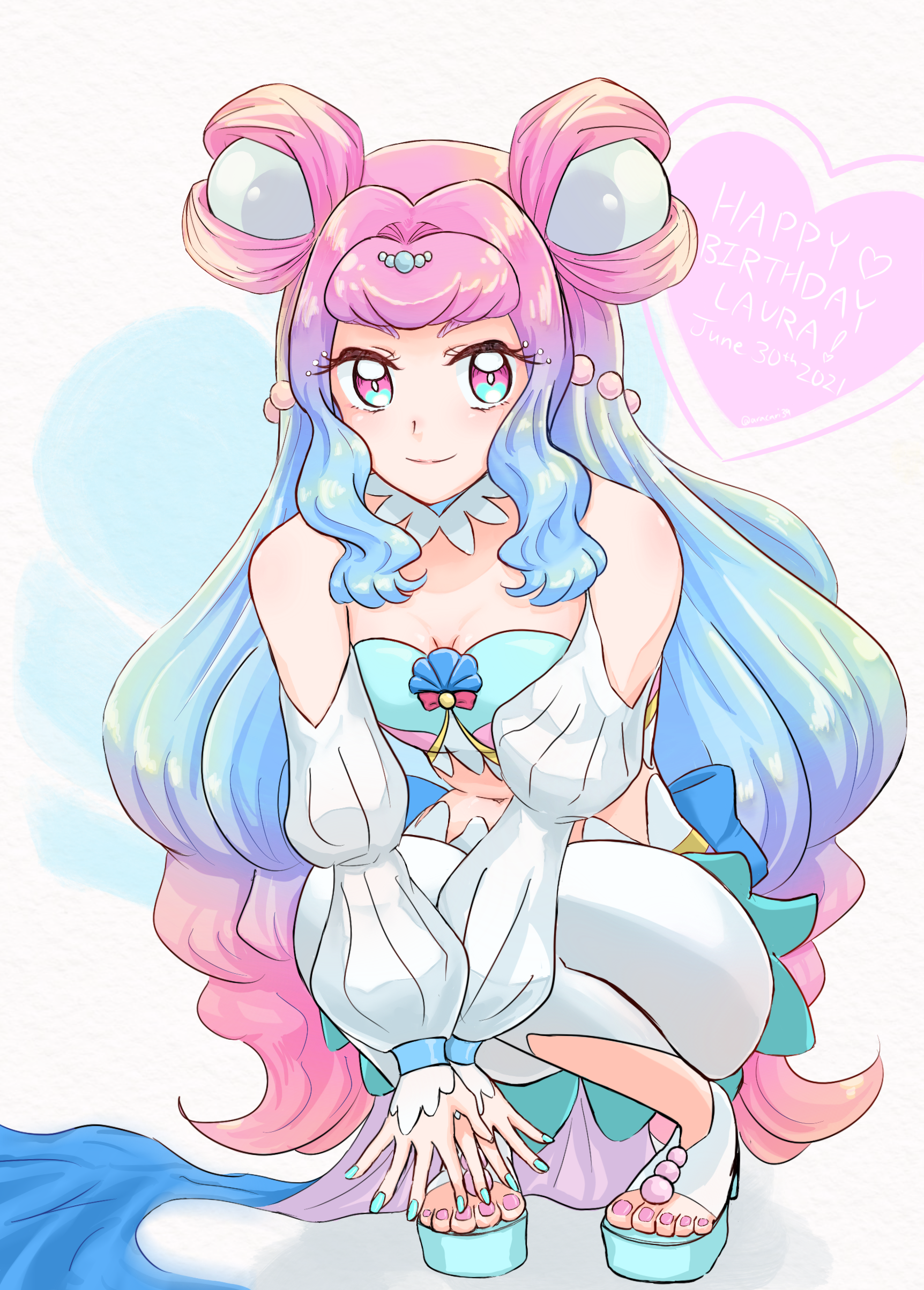 aracari, cure la mer, laura la mer, precure, tropical-rouge! precure, absurdres, highres, 1girl, aqua eyes, aqua hair, aqua nails, breasts, closed mouth, gradient hair, happy birthday, jewelry, long hair, medium breasts, midriff, multicolored hair, nail polish, navel, pantyhose, pearl hair ornament, pink eyes, pink hair, skirt, smile, solo, squatting, toenail polish, toenails, very long hair, white pantyhose