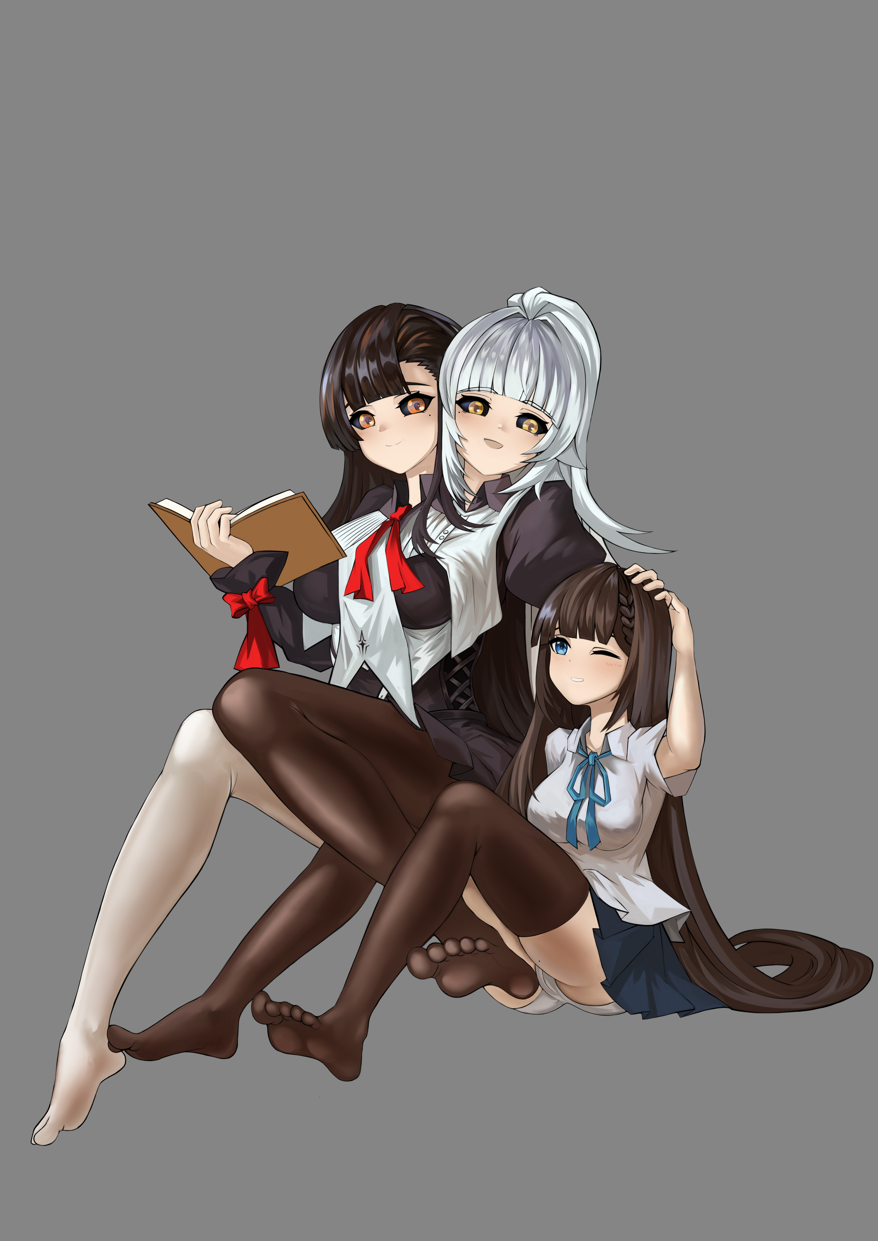 original, absurdres, highres, conjoined, fretyn, siblings, sisters, skirt, soles, thighhighs