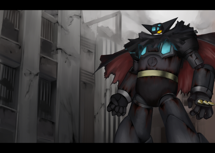 0726, dotpicjp, black getter, getter robo, shin getter robo, toei company, bad id, bad pixiv id, cape, city, letterboxed, mecha, mecha focus, robot, super robot