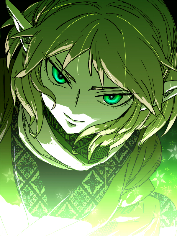 akka, mizuhashi parsee, touhou, light, bad id, bad pixiv id, 1girl, blonde hair, brown shirt, close-up, female focus, glowing, glowing eyes, green eyes, looking at viewer, pointy ears, scarf, serious, shirt, short hair, short sleeves, solo, upper body, white scarf