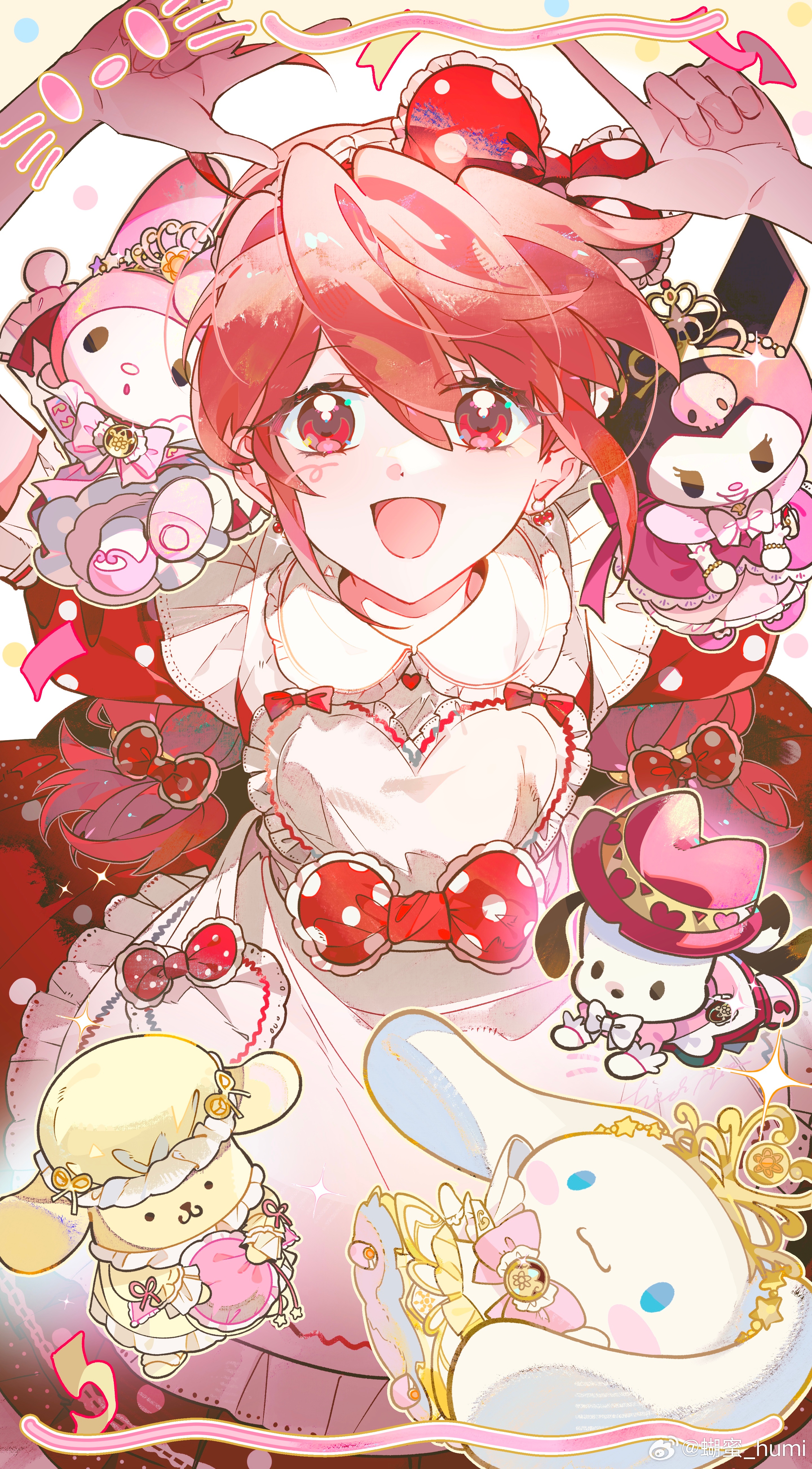 fine (futagohime), fushigiboshi no futago hime, absurdres, bad link, highres, 1girl, bow, dress, earrings, jewelry, looking at viewer, open mouth, red eyes, red hair, smile