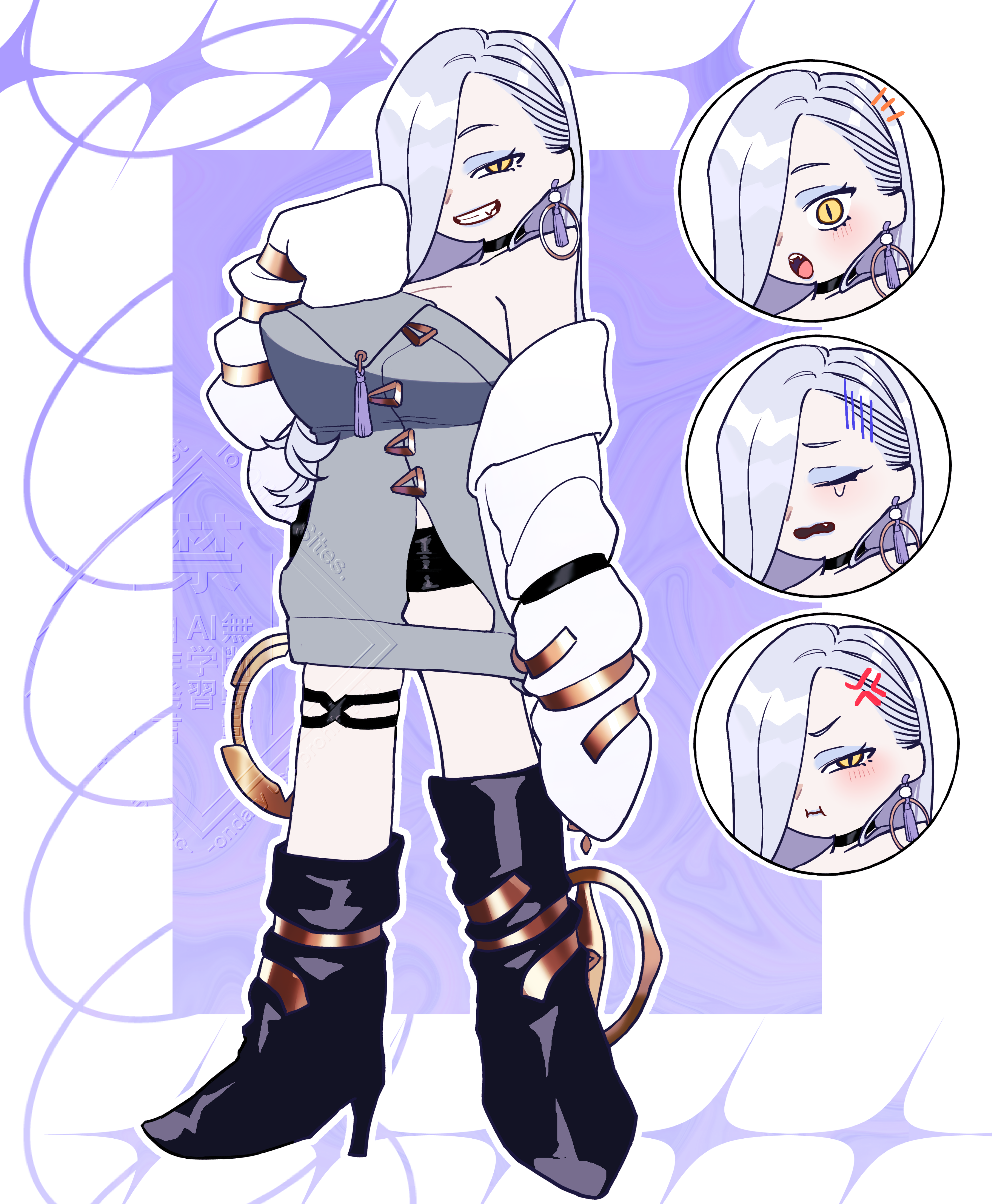 hiyayaako, mrs. snake (fate), fate/grand order, fate (series), panty & stocking with garterbelt, absurdres, highres, 1girl, bare shoulders, black boots, blue lips, boots, breasts, choker, cleavage, dress, earrings, eyeliner, full body, grey dress, hair over one eye, hoop earrings, jacket, jewelry, large breasts, long hair, long sleeves, looking at viewer, makeup, multiple views, off shoulder, parody, smile, style parody, sweater, sweater dress, tassel, thigh boots, white hair, white jacket, yellow eyes