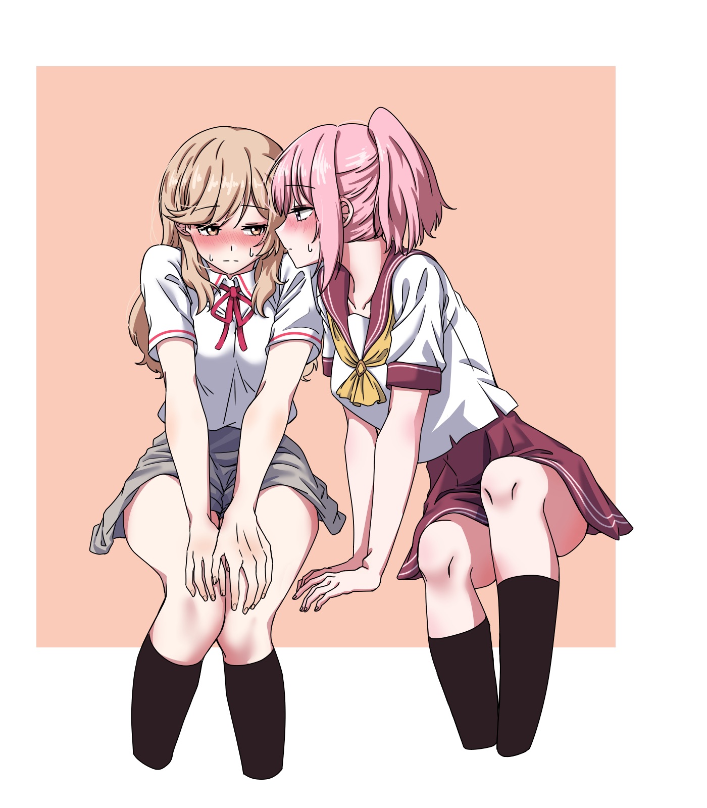 cottonswab336, amaori haruna, sena ajisai, watashi ga koibito ni nareru wake naijan murimuri!, highres, 2girls, blonde hair, blush, embarrassed, leaning on person, looking to the side, multiple girls, ponytail, school uniform, yuri