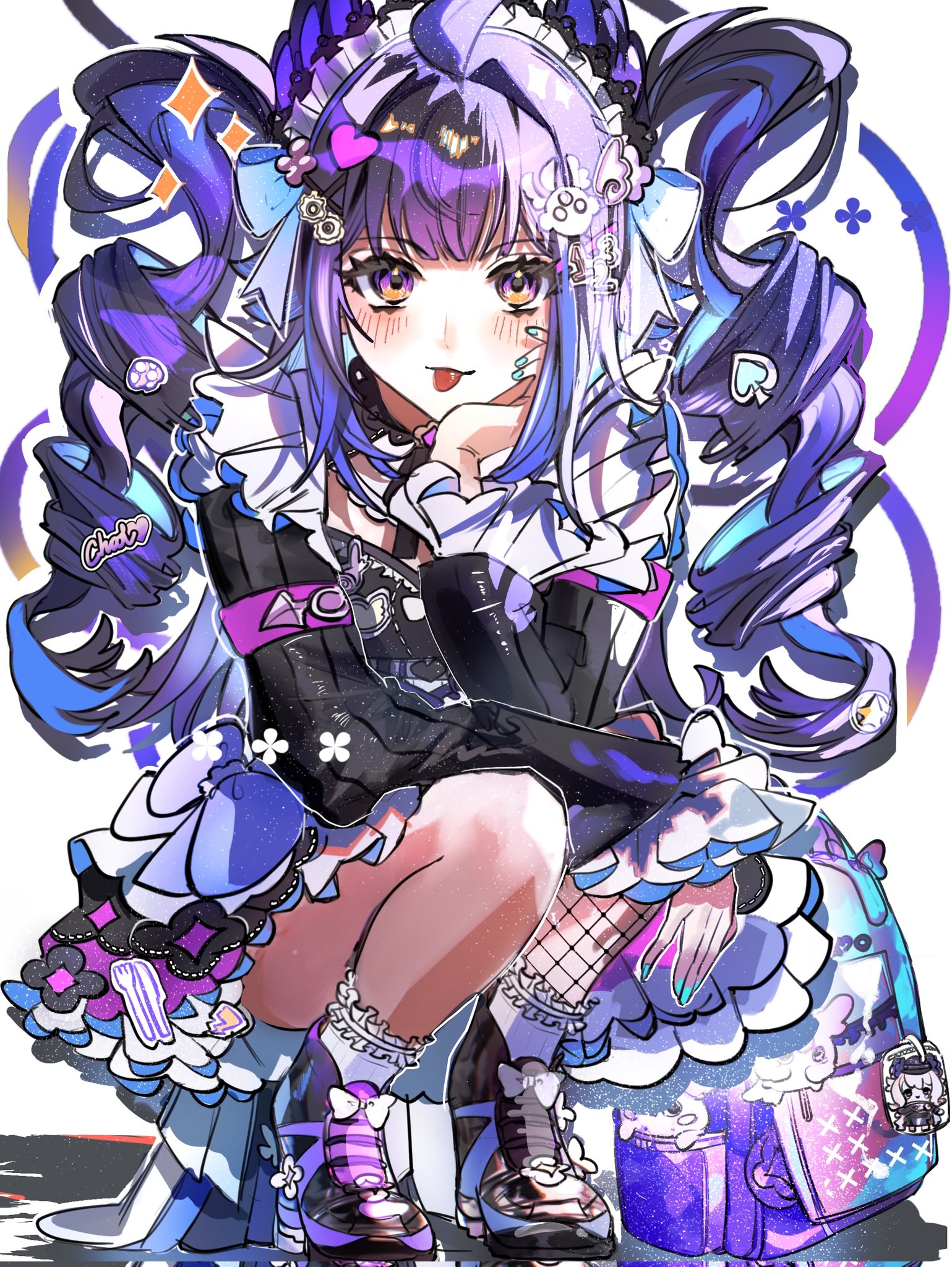 jieli, aloupeep (enna alouette), enna alouette, nijisanji, nijisanji en, highres, 1girl, :p, ahoge, aqua nails, backpack, bag, bird tail, blush, character doll, decora, doll, drill hair, enna alouette (decora), fishnet thighhighs, fishnets, full body, hand on own chin, head wings, looking at viewer, maid, maid headdress, multicolored hair, purple eyes, purple hair, simple background, single thighhigh, solo, squatting, streaked hair, tail, thighhighs, tongue, tongue out, two side up, virtual youtuber, white background, wings