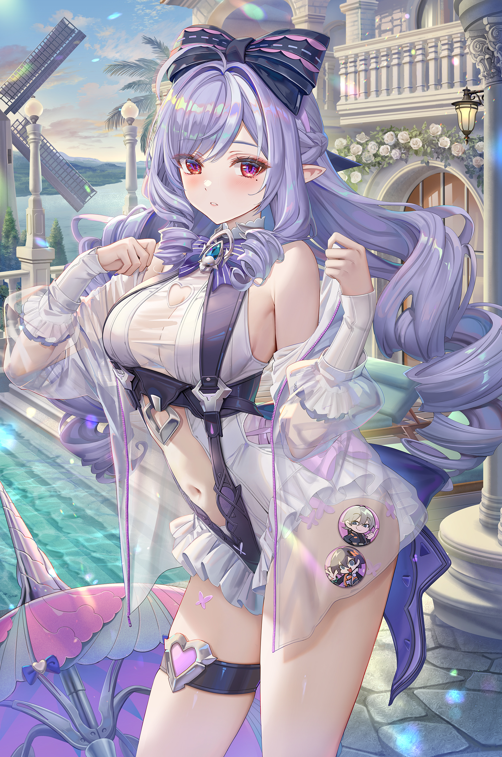 torino aqua, belle (zenless zone zero), vivian banshee, vivian banshee (iris of the shore), wise (zenless zone zero), zenless zone zero, absurdres, commentary request, highres, making-of available, md5 mismatch, revision, 1girl, bare shoulders, blue sky, blush, bow, braid, breasts, casual one-piece swimsuit, character badge, clothing cutout, hair bow, half up braid, heart cutout, jacket, large breasts, long hair, looking at viewer, mole, mole under eye, multicolored hair, nail polish, navel, official alternate costume, one-piece swimsuit, open clothes, open jacket, outdoors, parasol, parted lips, pointy ears, purple bow, purple hair, purple nails, purple umbrella, red eyes, see-through clothes, see-through jacket, sidelocks, sky, solo, stomach, stomach cutout, streaked hair, swimsuit, thigh strap, thighs, umbrella, very long hair, white jacket, white one-piece swimsuit