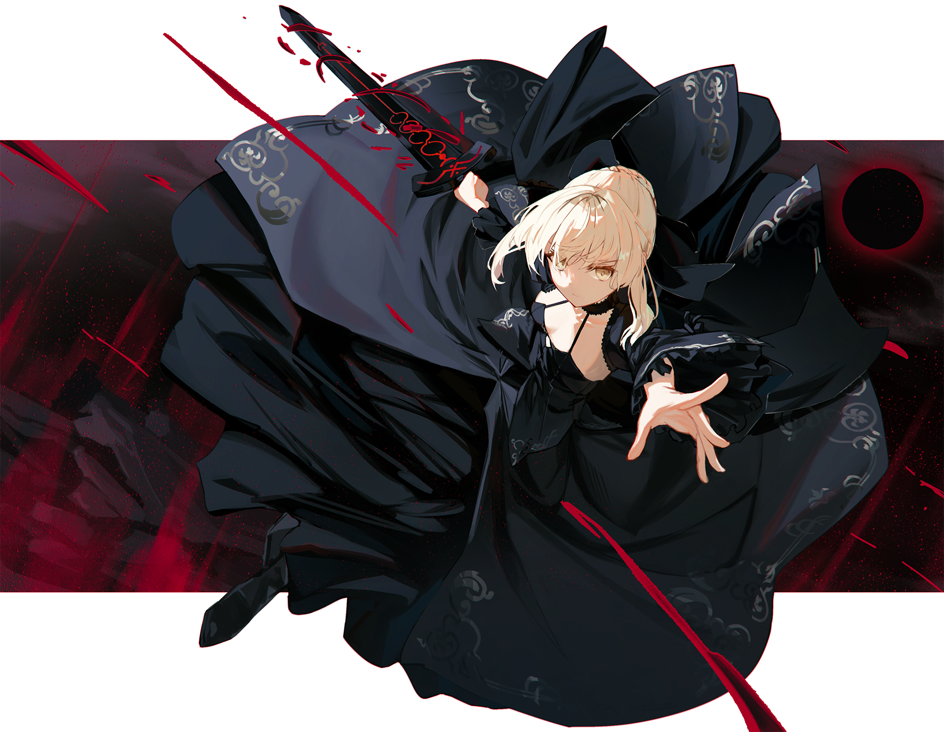 nagishiro mito, artoria pendragon (fate), saber alter, saber alter (third ascension), fate/stay night, fate (series), heaven's feel, commentary request, highres, 1girl, black dress, blonde hair, braid, bun with braided base, circle skirt, dark persona, detached sleeves, dress, excalibur morgan (fate), from above, full body, gothic lolita, hair bun, holding, holding sword, holding weapon, juliet sleeves, lolita fashion, long dress, long sleeves, looking at viewer, outstretched arms, puffy sleeves, short hair, single hair bun, solo, sword, weapon, yellow eyes