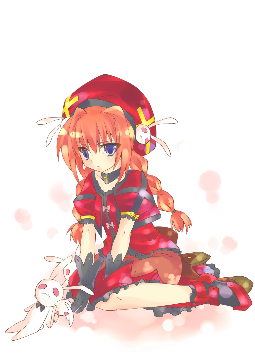 yu yu, vita (nanoha), lyrical nanoha, mahou shoujo lyrical nanoha, mahou shoujo lyrical nanoha a's, bad id, bad pixiv id, highres, 00s, 1girl, blue eyes, boots, braid, child, dress, female focus, gloves, hat, kneeling, long hair, red hair, solo, stuffed animal, stuffed rabbit, stuffed toy, twin braids