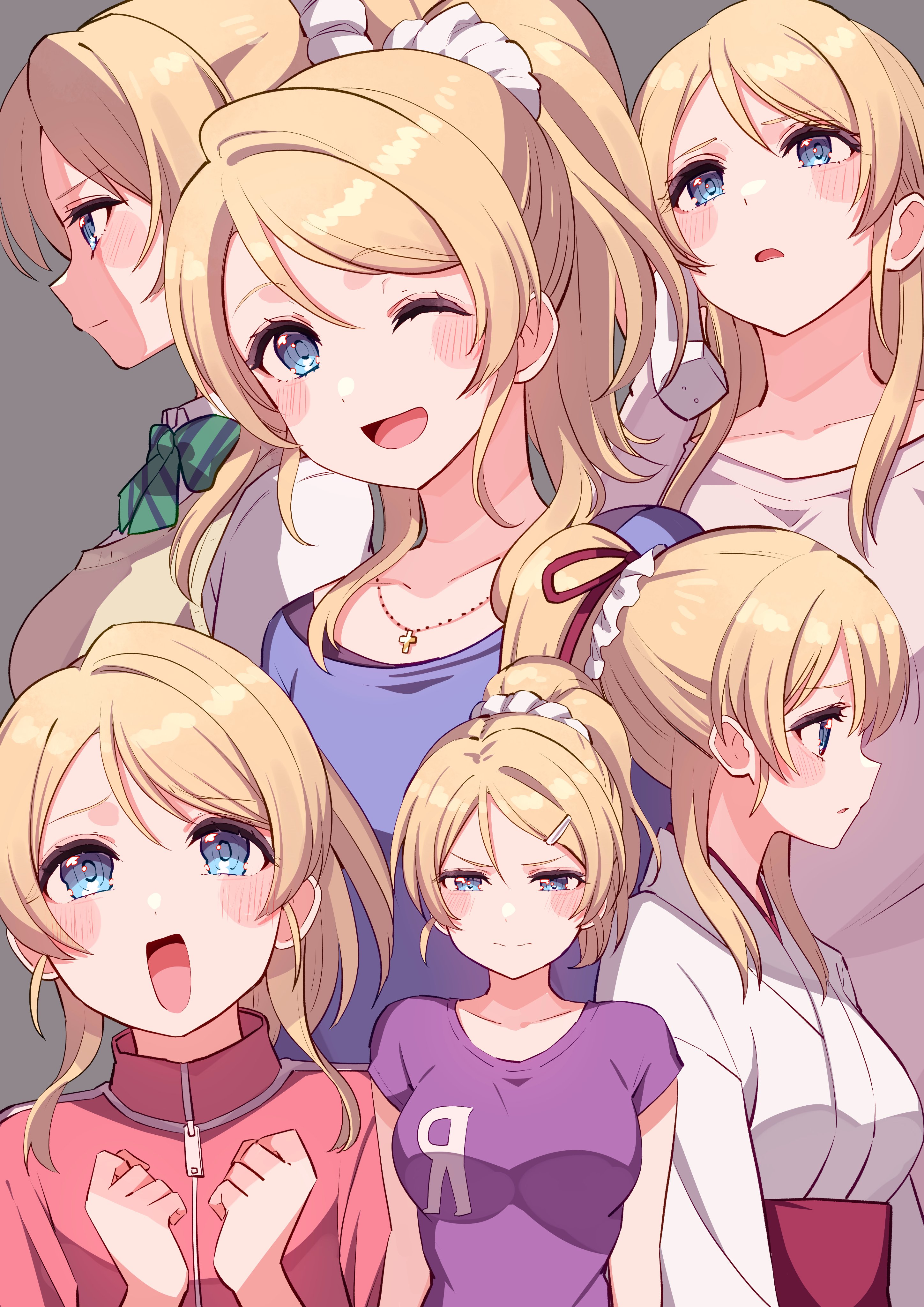 cream (nipakupa), ayase eli, love live!, love live! school idol project, absurdres, highres, 1girl, ;d, blonde hair, blue eyes, blue shirt, blush, breasts, grey background, hair down, high ponytail, jacket, japanese clothes, jewelry, kimono, large breasts, multiple views, necklace, obi, one eye closed, open mouth, otonokizaka school uniform, ponytail, purple shirt, red jacket, sash, school uniform, shirt, simple background, smile, v-shaped eyebrows