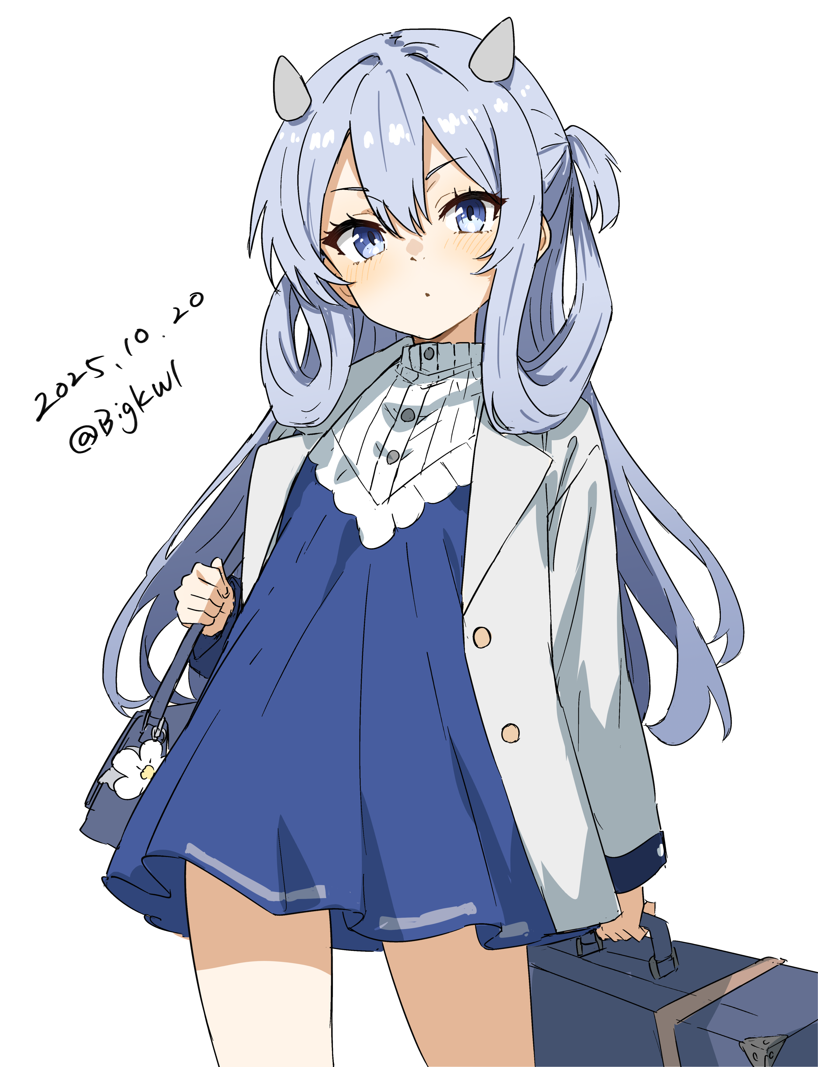 bigkwl, i-203 (kancolle), i-203 (kure) (kancolle), kantai collection, absurdres, highres, 1girl, bag, blue dress, blue eyes, coat, cowboy shot, dated, dress, fake horns, grey coat, hair rings, headgear, horned headwear, horns, jacket, long hair, long sleeves, official alternate costume, one-hour drawing challenge, shoulder bag, smile, solo, twitter username, white background