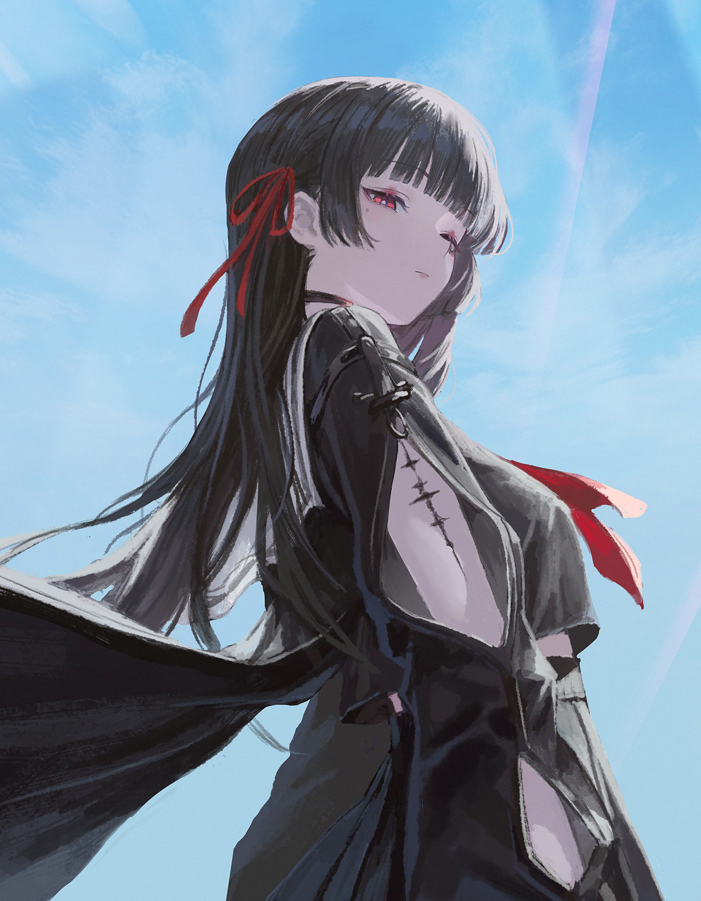ddcc0123, chisa (wuthering waves), wuthering waves, commentary, highres, 1girl, arm cutout, black choker, black serafuku, black shirt, black skirt, blue sky, breasts, choker, closed mouth, clothing cutout, day, from side, hair ribbon, long hair, long sleeves, looking at viewer, looking down, medium breasts, neckerchief, outdoors, red eyes, red neckerchief, red ribbon, ribbon, sailor collar, school uniform, serafuku, shirt, skirt, sky, solo, tacet mark (wuthering waves), upper body, white sailor collar