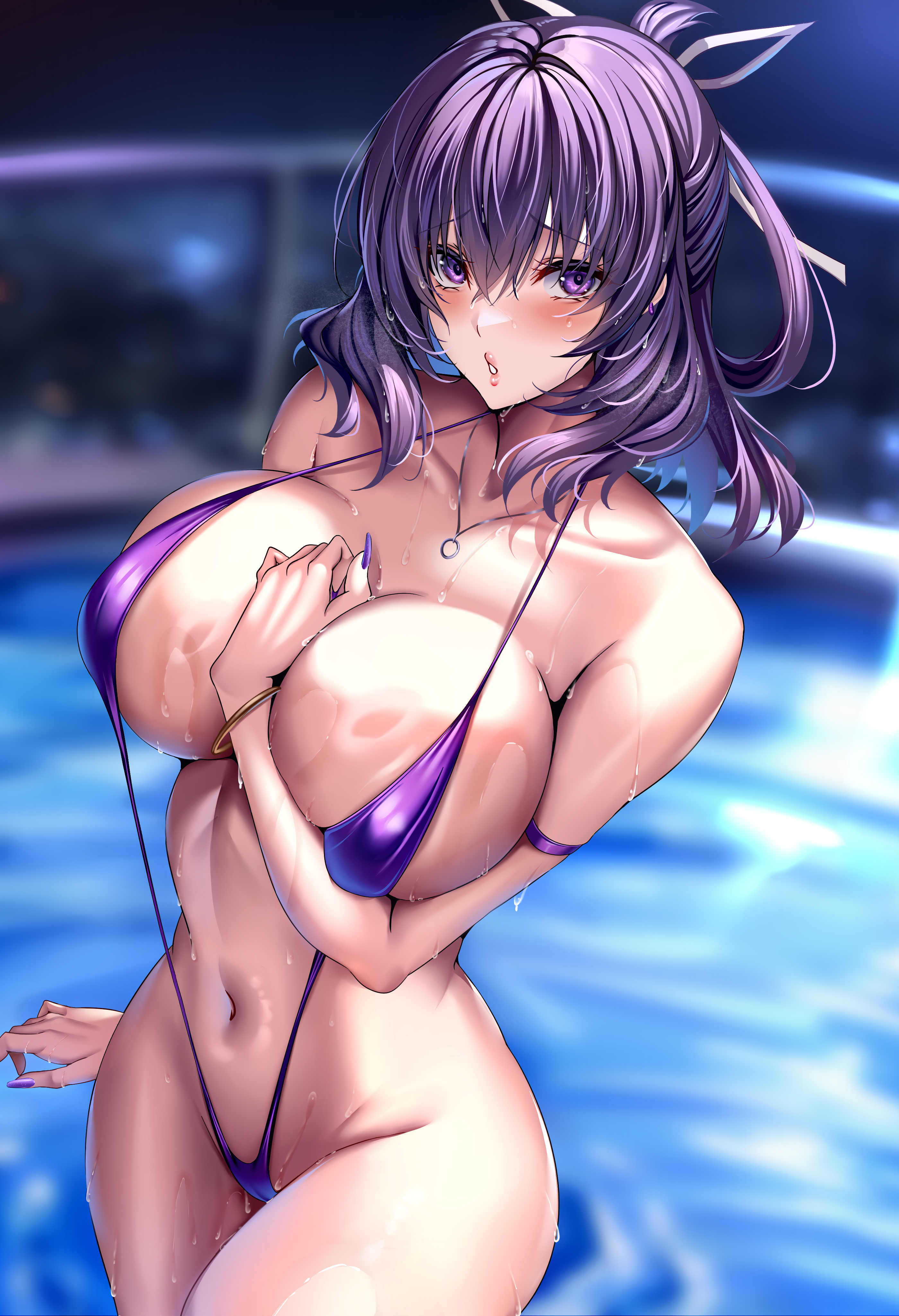 kuro (tbm9187), rixia mao, eiyuu densetsu, kai no kiseki, kuro no kiseki (series), zero no kiseki, absurdres, commentary, highres, 1girl, bare shoulders, blurry, blurry background, blush, bracelet, breasts, collarbone, ear piercing, fingernails, jewelry, large breasts, long fingernails, looking at viewer, medium hair, navel, necklace, one-piece swimsuit, parted lips, piercing, purple eyes, purple hair, purple nails, purple slingshot swimsuit, slingshot swimsuit, solo, stomach, swimsuit, wet