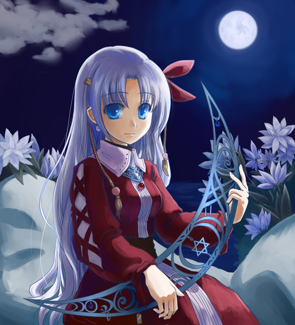 iwa, iwa hinata, original, bad id, bad pixiv id, 1girl, blue eyes, blue hair, dress, female focus, flower, full moon, hexagram, matching hair/eyes, moon, ribbon, solo, star of david