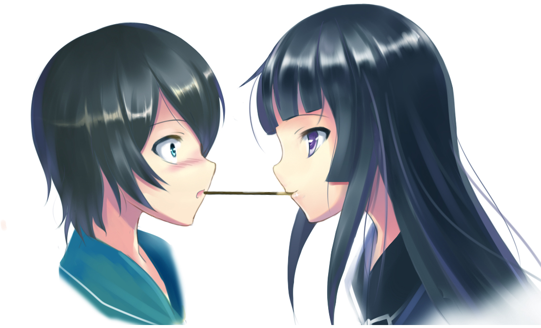 crazyodin, isayama yomi, tsuchimiya kagura, ga-rei, ga-rei zero, bad id, bad pixiv id, 00s, black hair, blunt bangs, blush, food, green eyes, hime cut, long hair, pocky, pocky kiss, purple eyes, shared food, short hair, surprised
