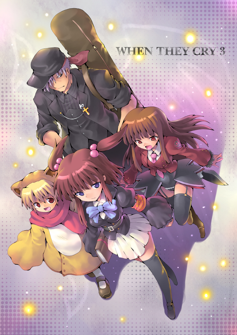 kurogarasu, amakusa juuza, mammon (umineko), sakutarou (umineko), stakes of purgatory, ushiromiya ange, umineko no naku koro ni, silver hair, 00s, 2boys, 2girls, armband, blonde hair, bow, hair bobbles, hair ornament, hat, jacket, long hair, multiple boys, multiple girls, necktie, pink necktie, red hair, scarf, short hair, skirt, thighhighs