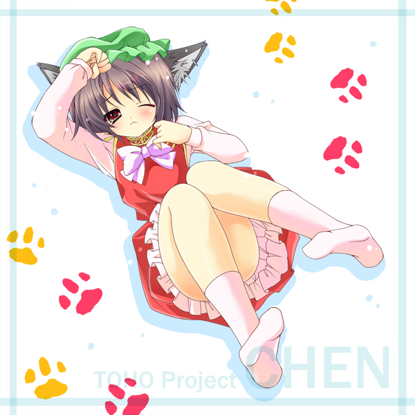 kino konomi, konomi (kino konomi), chen, team shanghai alice, touhou, bad id, bad pixiv id, 1girl, :<, animal ears, blush, brown eyes, brown hair, cat ears, cat girl, earrings, feet, female focus, hat, jewelry, one eye closed, red eyes, ribbon, short hair, socks, solo, wink