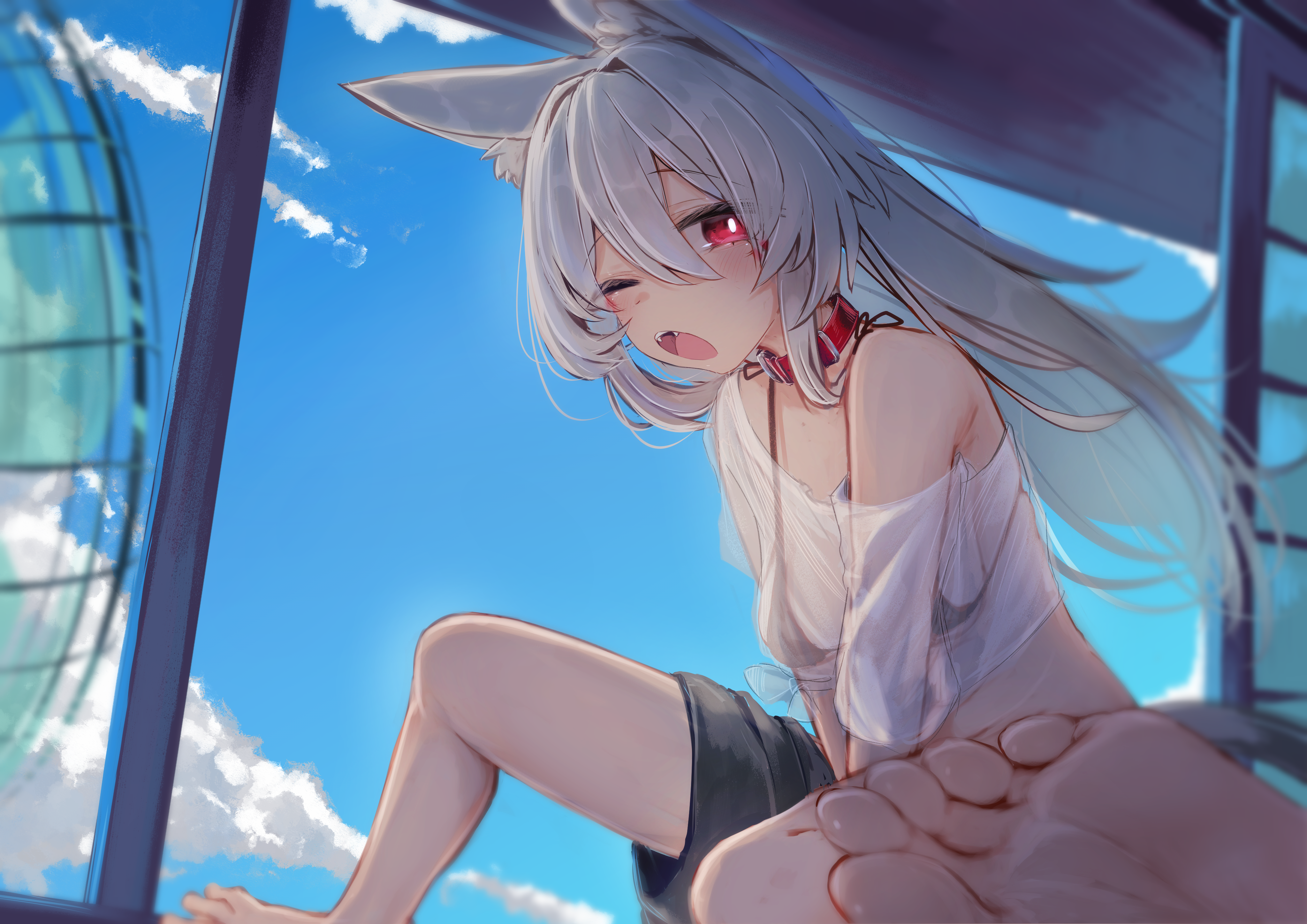 mok4suke, original, absurdres, highres, 1girl, animal ears, barefoot, breasts, electric fan, long hair, one eye closed, open mouth, red eyes, shirt, shorts, sky, small breasts, soles, toes