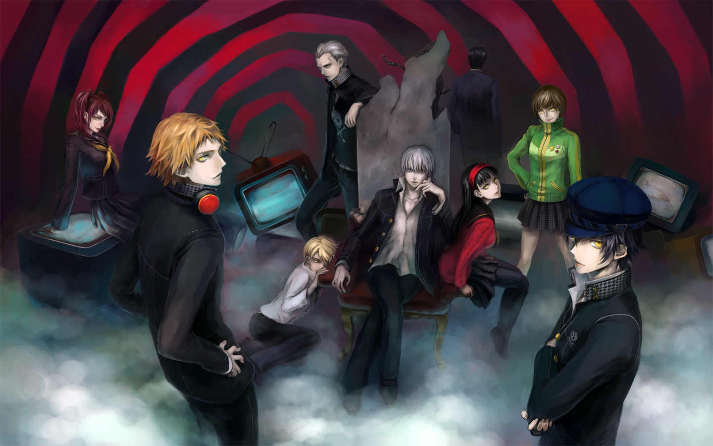 joka, joka (night gate), adachi tooru, amagi yukiko, hanamura yousuke, kujikawa rise, kuma (persona 4), narukami yu, satonaka chie, shadow (persona), shadow chie, shadow kanji, shadow kuma, shadow naoto, shadow rise, shadow yousuke, shadow yukiko, shirogane naoto, tatsumi kanji, atlus, persona, persona 4, 4boys, 4girls, crossed legs, dark persona, epic, hat, head rest, multiple boys, multiple girls, newsboy cap, sitting, throne, yellow eyes