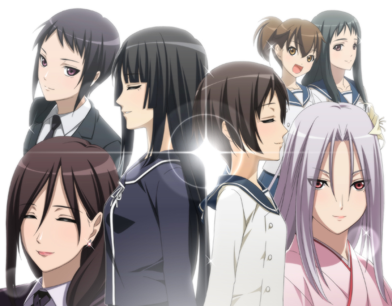 ama mitsuki, isayama mei, isayama yomi, jinguuji ayame, manabe miku, nikaidou kiri, tsuchimiya kagura, yanase chizuru, ga-rei, ga-rei zero, 00s, 6+girls, blunt bangs, hime cut, multiple girls, nakaidou kiri