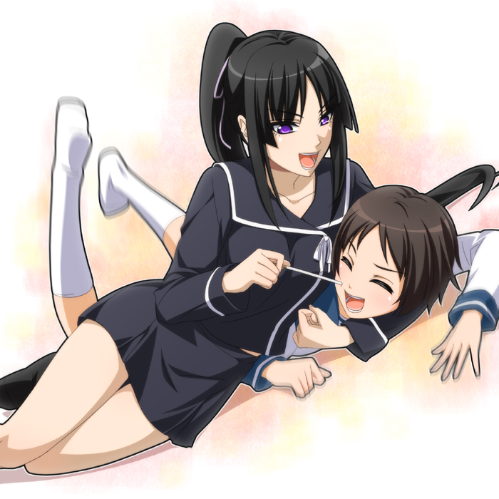 ama mitsuki, isayama yomi, tsuchimiya kagura, ga-rei, ga-rei zero, 00s, black hair, brown hair, food, holding, kneehighs, long hair, pocky, ponytail, purple eyes, school uniform, serafuku, short hair, socks