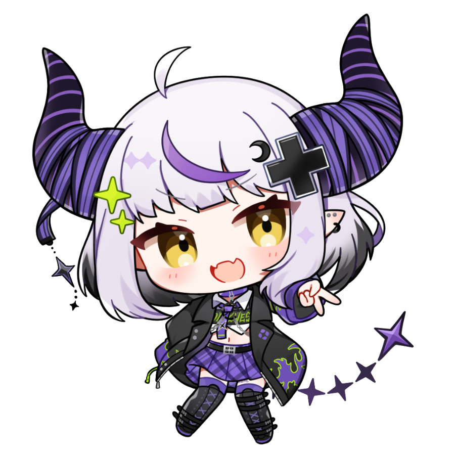 kashiwase karune, la+ darknesss, hololive, commentary, commentary request, 1girl, :d, ahoge, black boots, black hair, black jacket, blunt bangs, blush, boots, chibi, chibi only, cropped shirt, fangs, full body, hand up, horns, jacket, looking at viewer, midriff, multicolored hair, navel, open clothes, open jacket, open mouth, plaid clothes, plaid skirt, pleated skirt, purple hair, purple skirt, purple thighhighs, shirt, short hair, simple background, skin fangs, skirt, smile, solo, sparkle hair ornament, standing, streaked hair, thigh boots, thighhighs, thighhighs under boots, transparent background, v, white hair, white shirt, yellow eyes