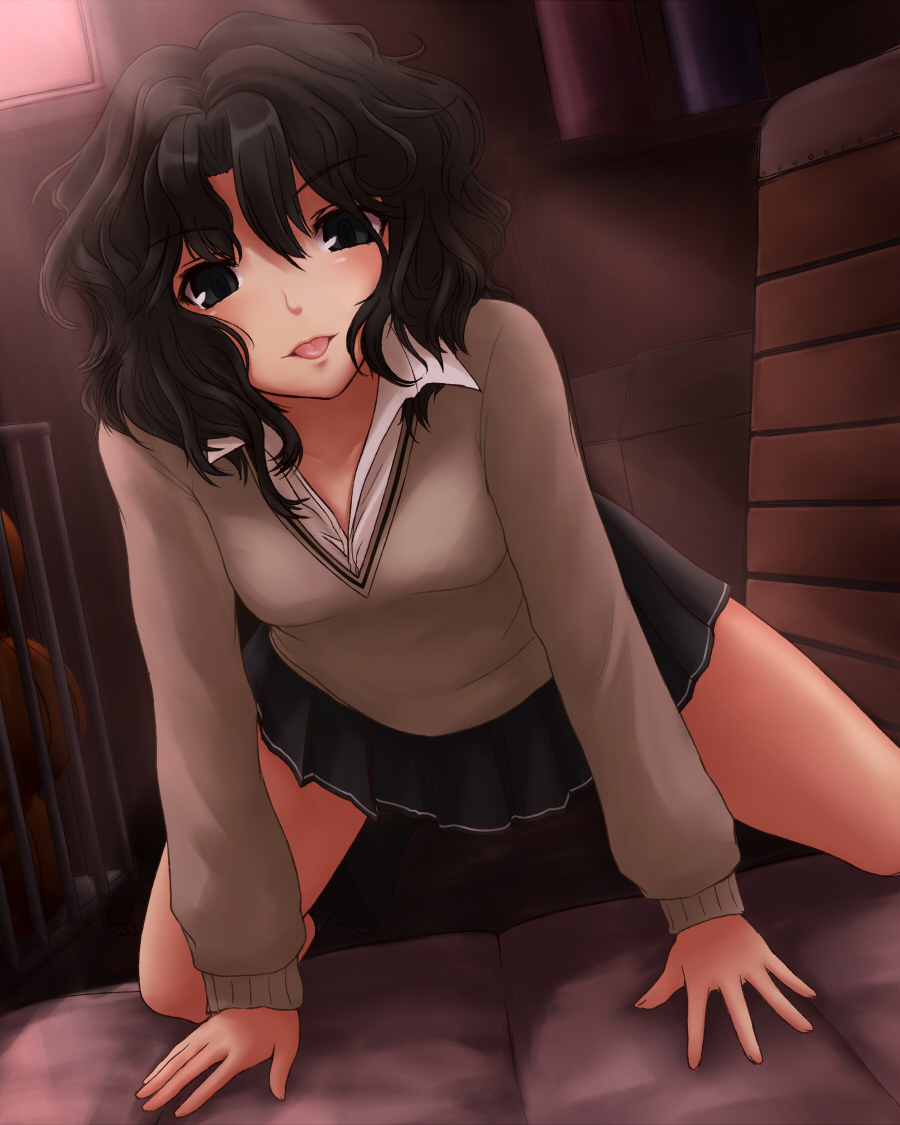 negija, tanamachi kaoru, amagami, 1girl, :p, all fours, black eyes, black hair, curly hair, female focus, gym storeroom, indoors, miniskirt, pleated skirt, school uniform, short hair, skirt, smile, solo, sweater, tongue, tongue out, wavy hair