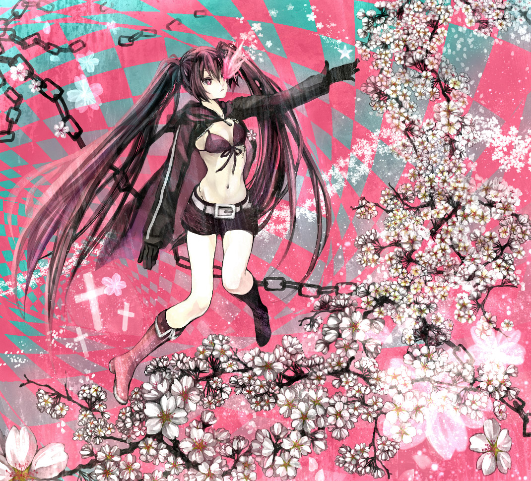anko kinako, black rock shooter (character), black rock shooter, 10s, alternate color, bikini, bikini top only, black hair, boots, chain, cherry blossoms, flat chest, flower, legs, long hair, midriff, pale skin, pink theme, scar, shorts, solo, swimsuit, twintails