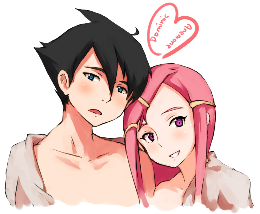 shibafu (glock23), anemone (eureka seven), dominic sorel, eureka seven, eureka seven (series), bad id, bad pixiv id, 00s, 1boy, 1girl, blush, hair ornament, hairclip, happy, long hair, pink eyes, pink hair