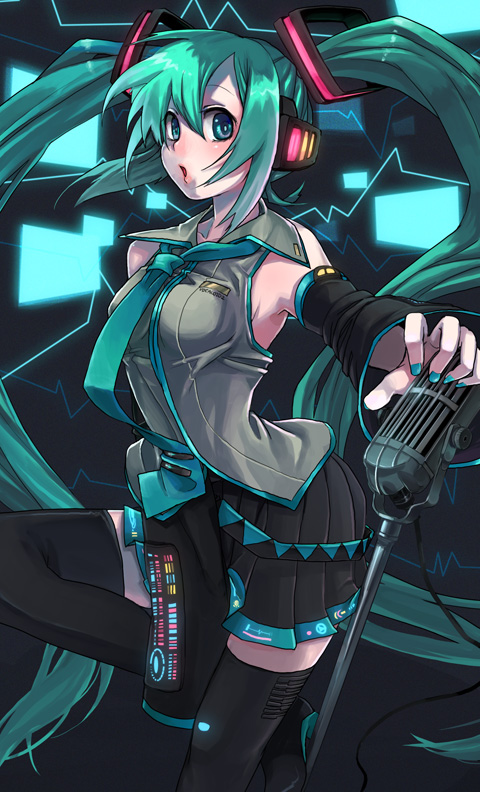 kaida michi, hatsune miku, vocaloid, 1girl, :o, aqua eyes, aqua hair, aqua nails, armpits, blush, breasts, detached sleeves, female focus, large breasts, long hair, microphone, microphone stand, nail polish, necktie, skirt, solo, thighhighs, twintails, very long hair, zettai ryouiki