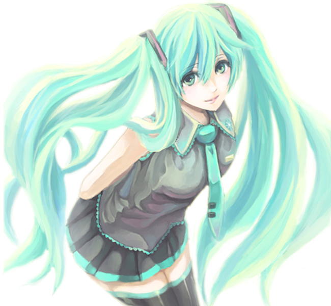 ashiro, hatsune miku, vocaloid, bad id, bad pixiv id, aqua eyes, aqua hair, green eyes, green hair, long hair, miniskirt, necktie, skirt, smile, solo, thighhighs, twintails, very long hair