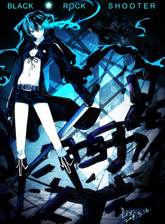 ryuuzaki, ryuuzaki ichi, black rock shooter (character), black rock shooter, vocaloid, bad id, bad pixiv id, 10s, 1girl, bikini, black hair, blue eyes, boots, chain, female focus, knee boots, pale skin, short shorts, shorts, solo, swimsuit, sword, twintails, weapon