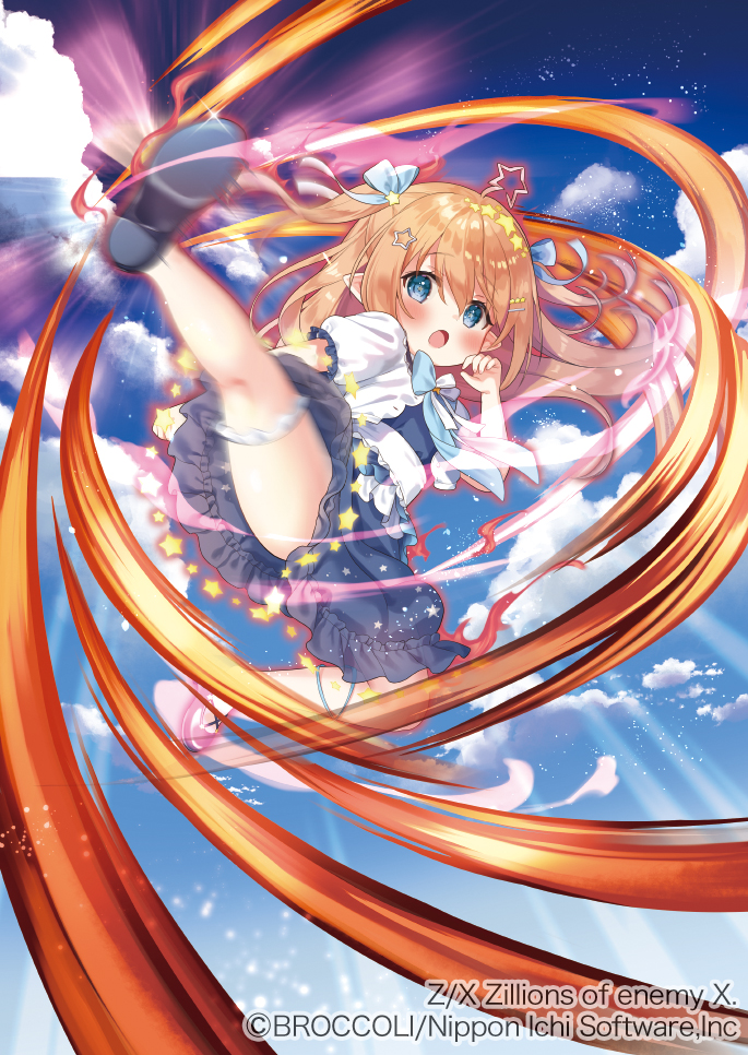 pico (p i c o), z/x, official art, 1girl, aura, blue eyes, blue shirt, blue skirt, blue sky, bow, bowtie, copyright notice, floating hair, frilled thigh strap, hair bow, hair ornament, jacket, kicking, long hair, open clothes, open jacket, open mouth, orange hair, pointy ears, shirt, skirt, sky, solo, star (symbol), star ahoge, star hair ornament, thigh strap, two side up, white jacket, x-micamo
