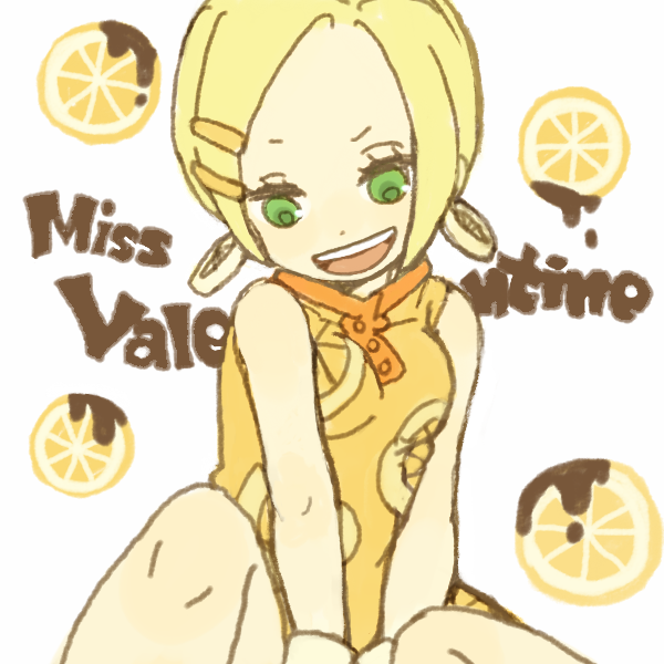 yukke, miss valentine, one piece, 1girl, blonde hair, character name, earrings, female focus, food, food print, fruit, fruit background, fruit print, green eyes, hair ornament, hairclip, jewelry, lemon, lemon print, short hair, solo
