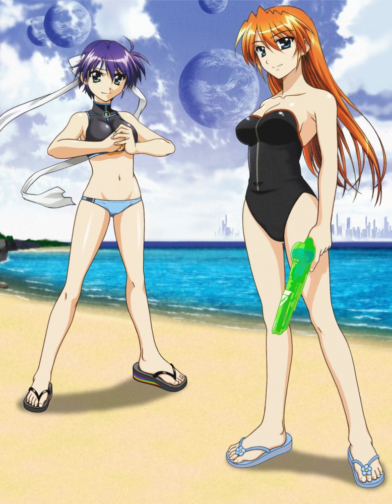 okuda yasuhiro, subaru nakajima, teana lanster, lyrical nanoha, mahou shoujo lyrical nanoha, mahou shoujo lyrical nanoha strikers, image sample, third-party edit, 00s, 2girls, beach, bikini, day, feet, flip-flops, multiple girls, outdoors, sandals, swimsuit, water gun