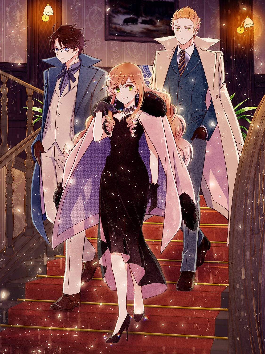 aihara kaya, austria (hetalia), hungary (hetalia), netherlands (hetalia), axis powers hetalia, commentary, highres, symbol-only commentary, 1girl, 2boys, black-framed eyewear, black dress, black gloves, black shoes, blonde hair, blue coat, blue eyes, blue jacket, blue pants, bow, bowtie, breasts, brown hair, brown necktie, brown shoes, buttons, closed mouth, coat, collared shirt, dress, earrings, flower, flower earrings, formal clothes, full body, fur-trimmed jacket, fur trim, gem, glasses, gloves, green eyes, hair between eyes, hair flower, hair ornament, hand in pocket, hand up, high heels, jacket, jewelry, lamp, long hair, long sleeves, looking at viewer, medium breasts, multiple boys, necktie, official alternate costume, open clothes, open coat, open jacket, painting (object), pants, pink flower, plant, purple bow, purple bowtie, purple coat, purple gemstone, purple jacket, purple shirt, red carpet, scar, semi-rimless eyewear, shirt, shoes, short hair, sidelocks, sleeveless, sleeveless dress, smile, sparkle, stairs, striped clothes, striped necktie, striped shirt, suit, suit jacket, tie clip, two-sided coat, two-sided fabric, two-sided jacket, walking, white coat, white jacket, white pants