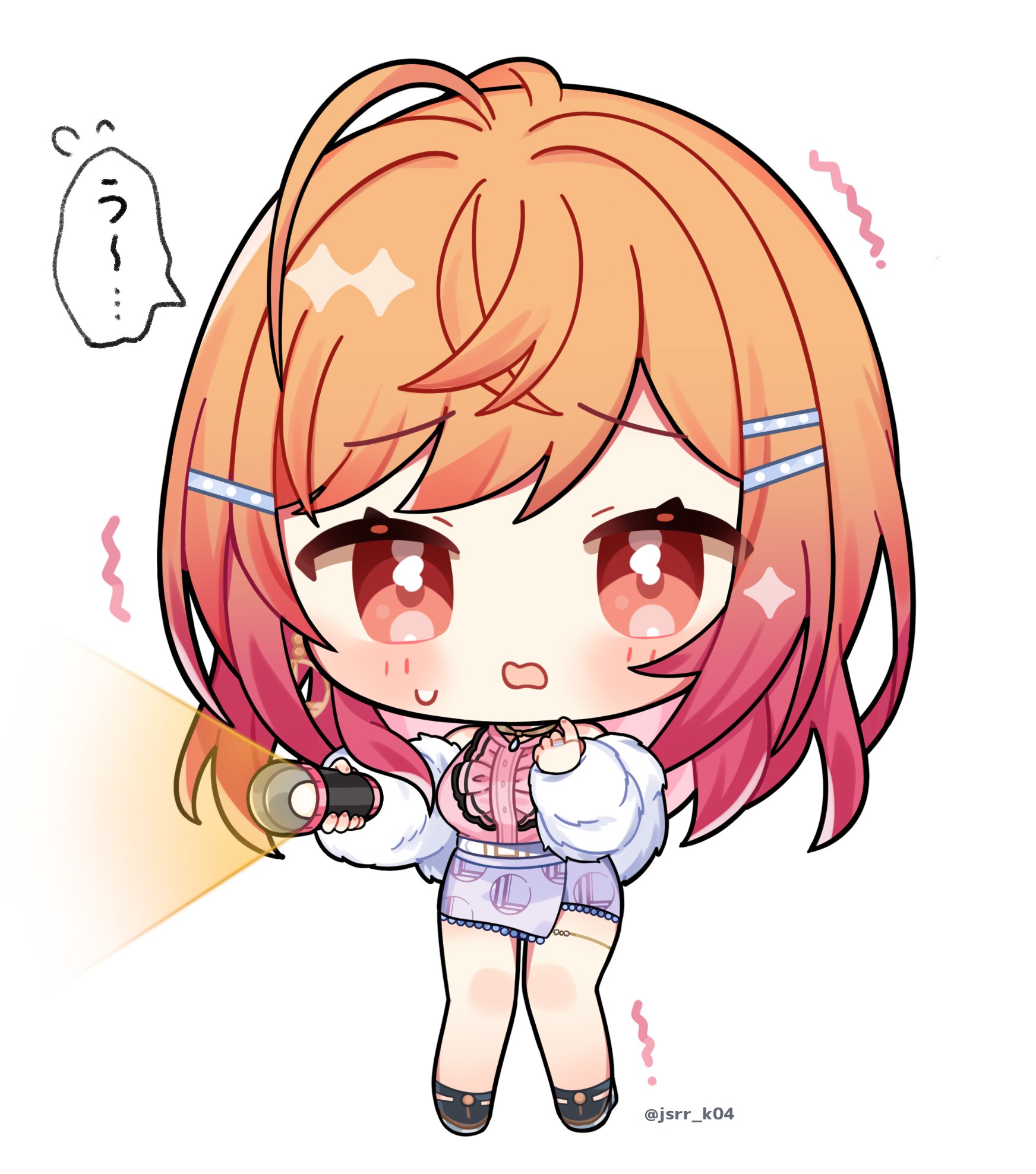 kashiwase karune, ichijou ririka, hololive, hololive dev is, commentary request, highres, translated, 1girl, black shoes, blush, chibi, chibi only, flashlight, full body, gradient hair, hair ornament, hairclip, holding, holding flashlight, jacket, long hair, long sleeves, multicolored hair, open clothes, open jacket, open mouth, orange hair, parallel hairclips, pink shirt, purple skirt, red eyes, red hair, shirt, shoes, simple background, skirt, solo, standing, trembling, twitter username, two-tone hair, virtual youtuber, white background, white jacket