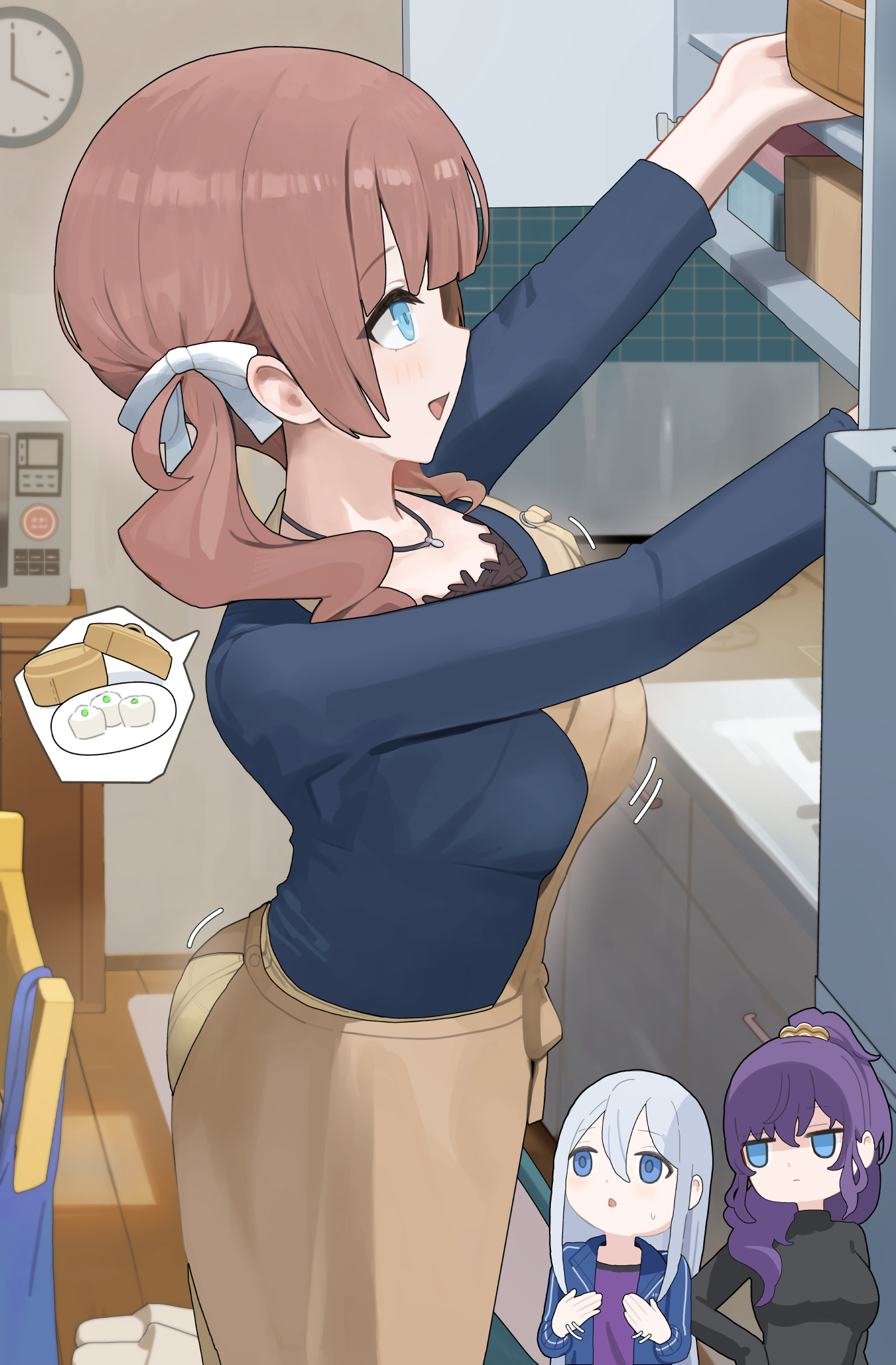usagi melon3, asahina mafuyu, mochizuki honami, yoisaki kanade, project sekai, commentary request, highres, 3girls, :d, apron, arm at side, black shirt, blue eyes, blue jacket, blue shirt, blunt bangs, blush, bouncing breasts, bow, breast conscious, breasts, brown apron, brown hair, chair, chibi, chibi inset, clock, closed mouth, cowboy shot, hair between eyes, hair bow, hair ornament, hair over shoulder, hair scrunchie, hand on own hip, hands up, high ponytail, indoors, jacket, jewelry, jitome, kitchen, large breasts, layered shirt, long hair, long sidelocks, long sleeves, looking at breasts, looking up, microwave, motion lines, multiple girls, necklace, open clothes, open jacket, open mouth, orange scrunchie, ponytail, purple hair, purple shirt, scrunchie, shirt, side ponytail, sidelocks, slippers, smile, spoken food, standing, sweatdrop, track jacket, turtleneck, turtleneck shirt, white bow, white hair, wooden floor