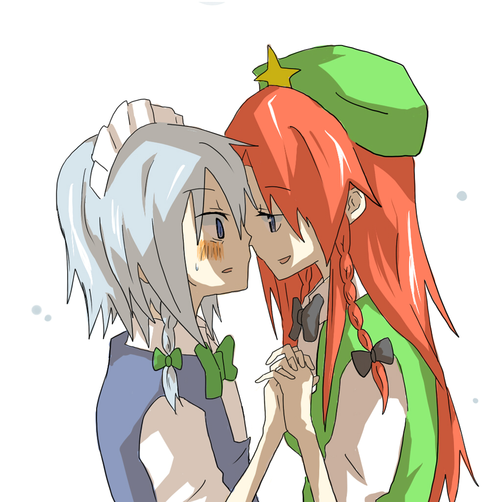 orange (artist), orange (bibiko), hong meiling, izayoi sakuya, embodiment of scarlet devil, touhou, silver hair, bad id, bad pixiv id, 2girls, blue eyes, blush, braid, female focus, hairband, hat, maid, multiple girls, red hair, ribbon, yuri