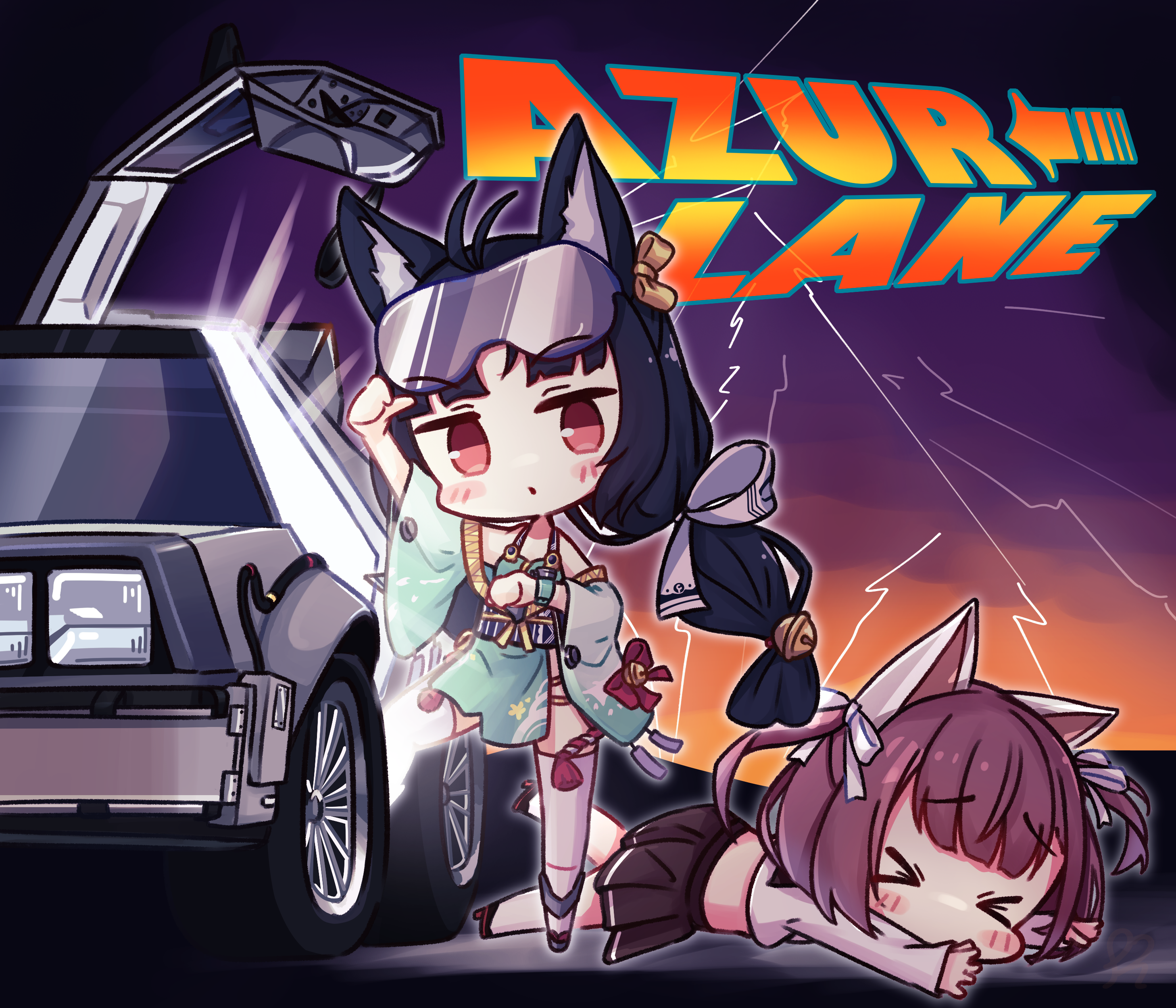 ph painter, shiratsuyu (azur lane), yuubari (azur lane), azur lane, back to the future, delorean, absurdres, highres, > <, animal ear fluff, black hair, black skirt, car, chibi, chibi only, copyright name, goggles, goggles on head, logo parody, low twintails, motor vehicle, red eyes, red hair, short hair, skirt, twintails