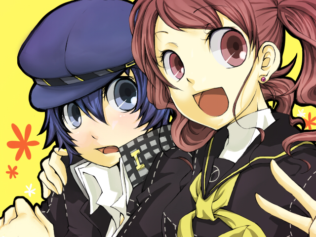 umiko, umiko (munemiu), kujikawa rise, shirogane naoto, atlus, persona, persona 4, bad id, bad pixiv id, 2girls, androgynous, female focus, hat, multiple girls, newsboy cap, reverse trap, short hair