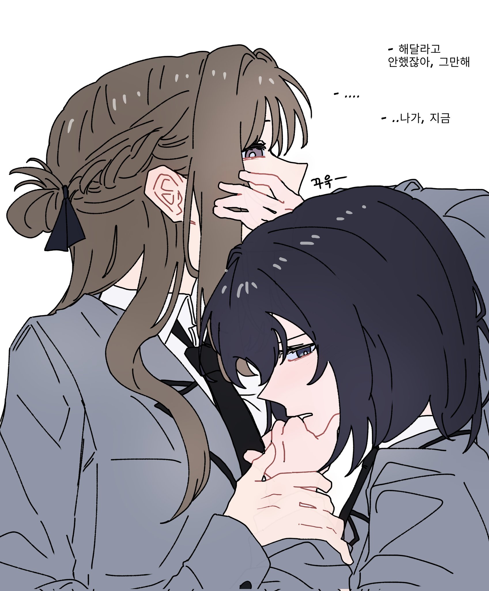 miyagi shiori, sendai hazuki, shuuniichido classmate wo kau hanashi, commentary, hashtag-only commentary, highres, translation request, 2girls, black hair, blazer, blue eyes, braid, brown hair, ddanact taenge, grey jacket, half up braid, holding another's wrist, jacket, korean text, long hair, medium hair, multiple girls, parted lips, purple eyes, shirt, simple background, white background, white shirt, yuri