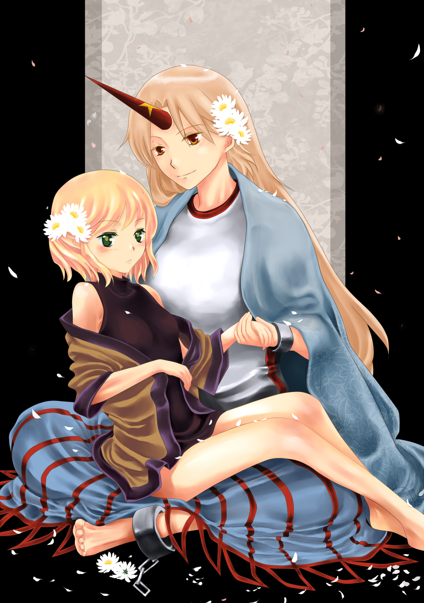 atoki, hoshiguma yuugi, mizuhashi parsee, touhou, highres, 2girls, barefoot, blonde hair, blush, feet, female focus, flower, green eyes, horns, multiple girls, open clothes, red eyes, ribbon, short hair, sleeveless