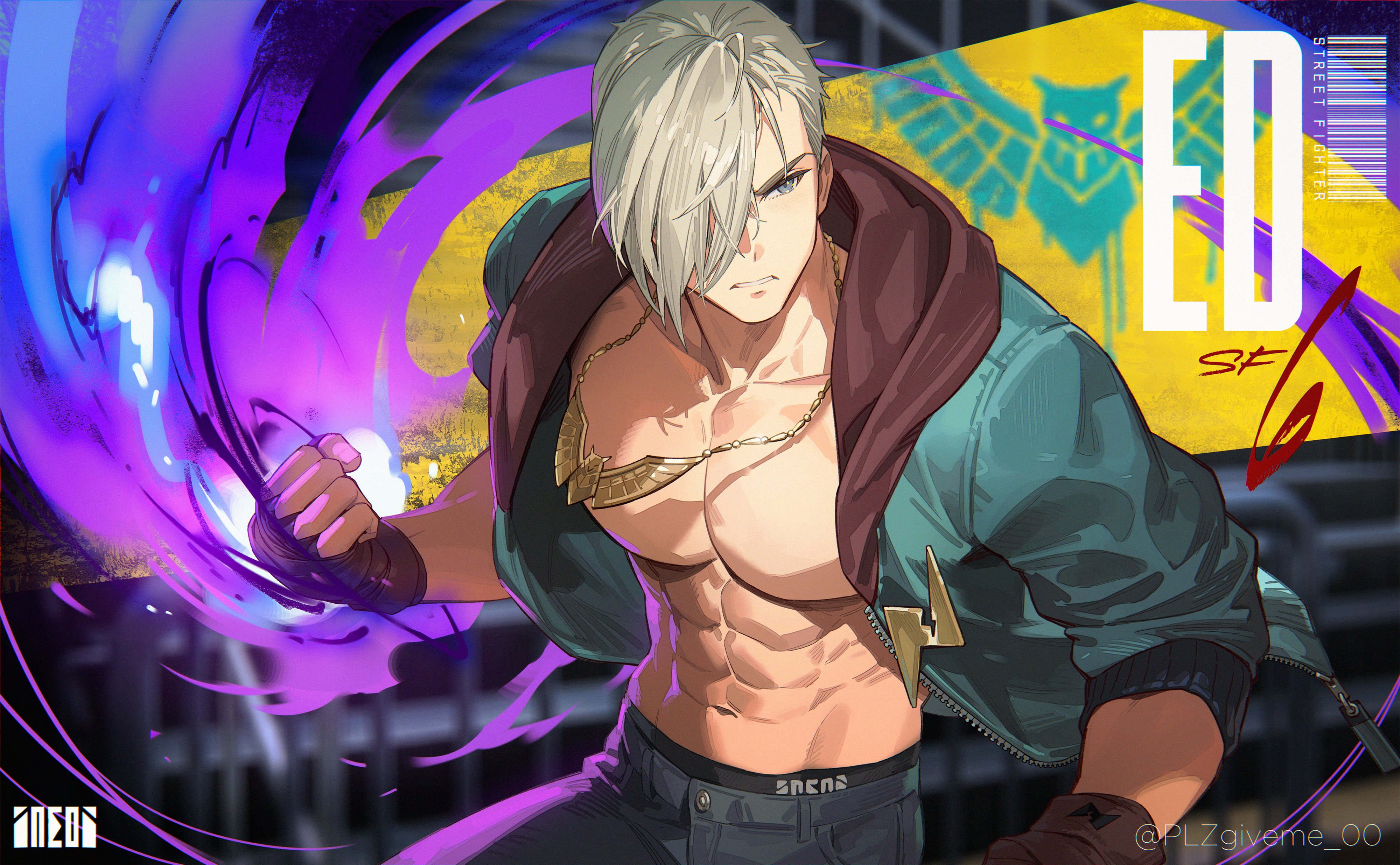 plzgiveme 00, ed (street fighter), street fighter, street fighter 6, absurdres, commentary, commentary request, english commentary, highres, korean commentary, mixed-language commentary, 1boy, abs, arm up, asymmetrical bangs, bare pectorals, blonde hair, blue eyes, blue jacket, blue pants, character name, clenched hand, closed mouth, denim, fingerless gloves, frown, gloves, hair over one eye, hood, hood down, hooded jacket, jacket, jeans, jewelry, looking to the side, male focus, male underwear, male underwear peek, multicolored jacket, navel, necklace, one eye covered, pants, pectorals, psycho power, red hood, short hair, sideways glance, solo, toned, toned male, twitter username, two-tone jacket, underwear, unzipped, zipper
