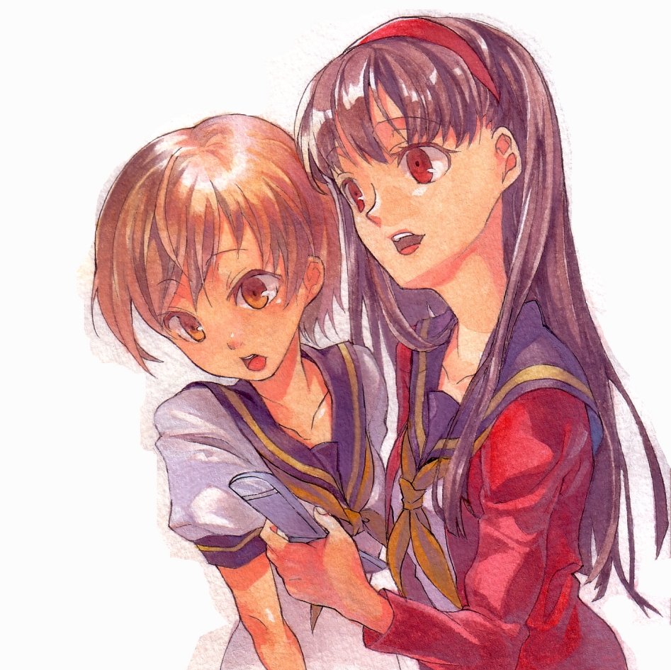 shounibyou (shonibyodayo), amagi yukiko, satonaka chie, atlus, persona, persona 4, artist request, bad id, bad pixiv id, painting (medium), traditional media, watercolor (medium), 2girls, cellphone, hairband, long hair, multiple girls, open mouth, phone, school uniform, serafuku, short hair, tomboy