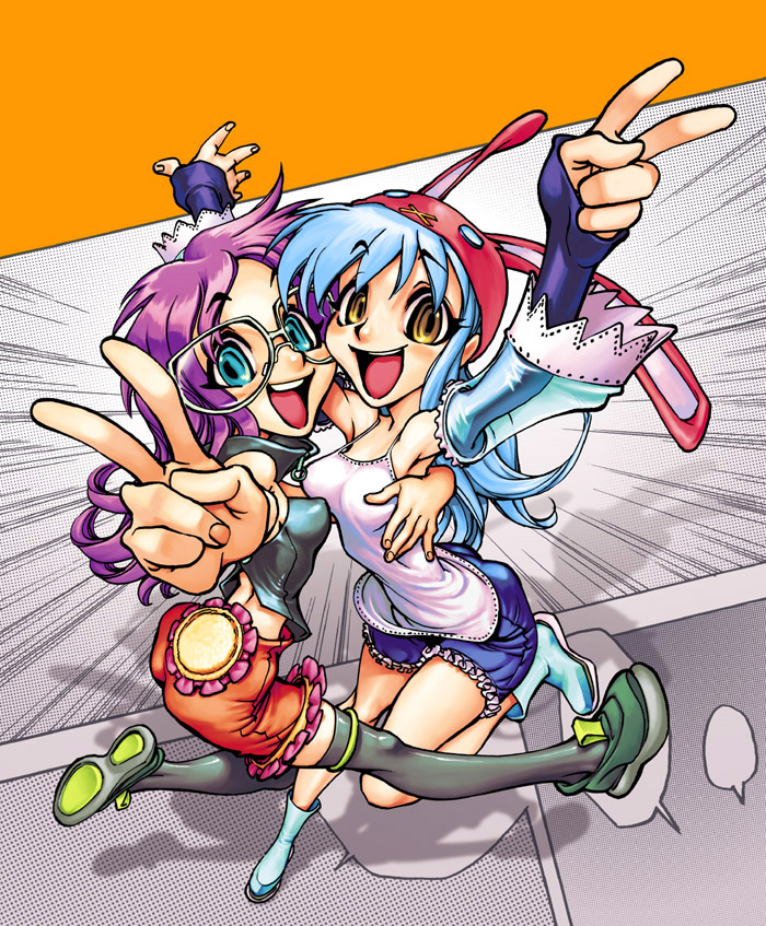 kiwine, bad tag, blue eyes, blue hair, brown eyes, detached sleeves, foreshortening, glasses, hat, hug, long hair, purple hair, thighhighs, v