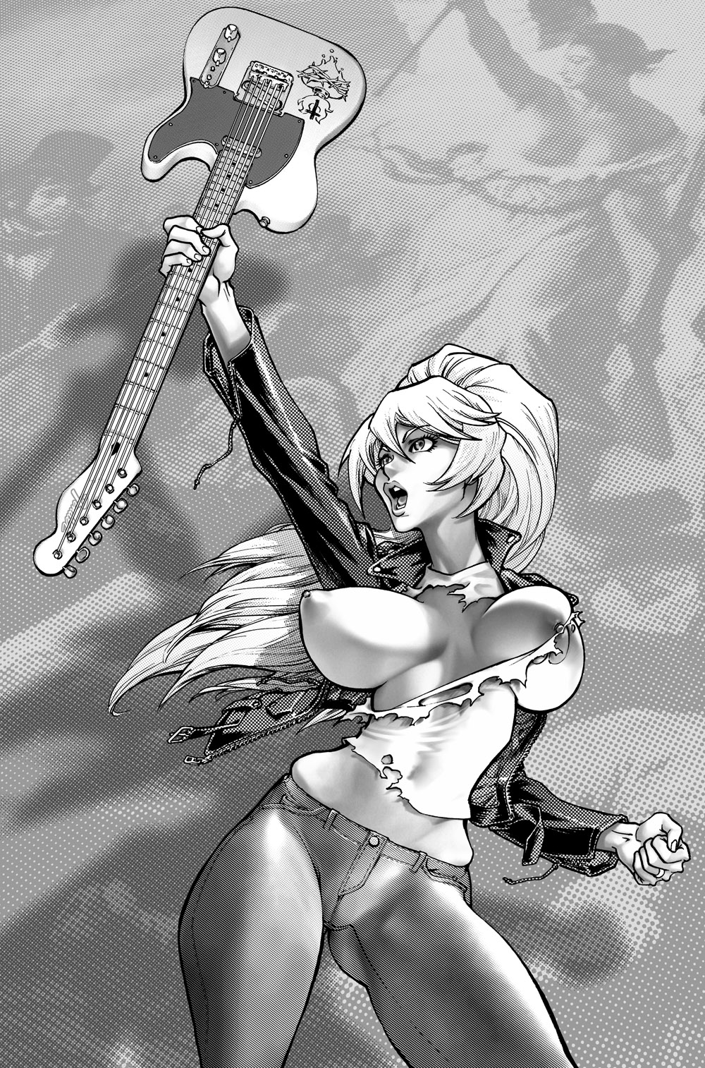 kiwine, liberty leading the people, highres, breasts, denim, fine art parody, huge breasts, jacket, jeans, long hair, monochrome, nipples, pants, parody, ponytail, torn clothes, you have my axe