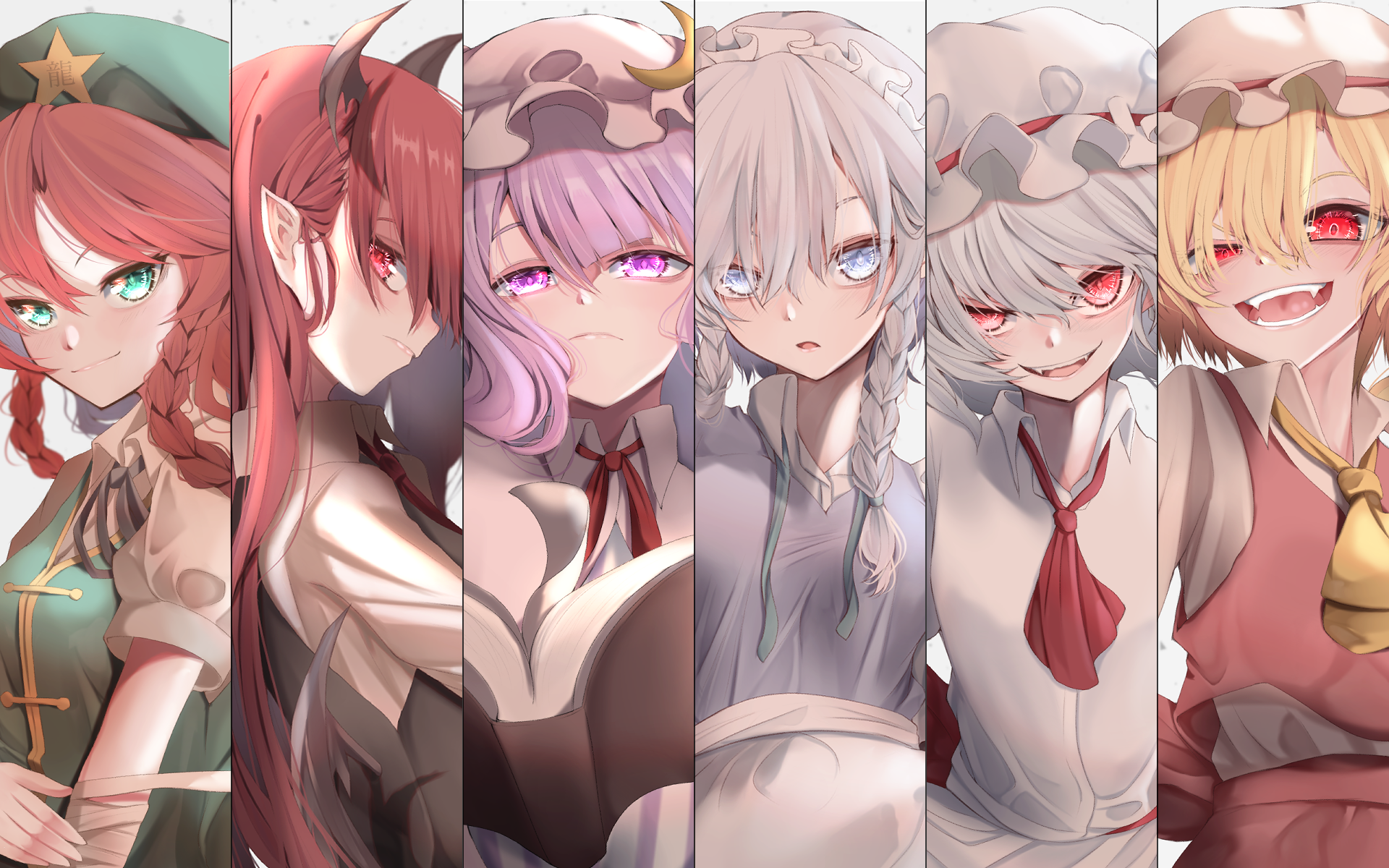 kararage tsune, flandre scarlet, hong meiling, izayoi sakuya, koakuma, patchouli knowledge, remilia scarlet, embodiment of scarlet devil, touhou, commentary request, highres, 6+girls, apron, aqua eyes, ascot, bat wings, beret, black vest, blonde hair, blue eyes, blue hair, book, braid, braided sidelock, column lineup, crescent, crescent hat ornament, demon girl, fangs, floating, floating book, floating object, frilled hat, frills, green hat, green vest, grey hair, hat, hat ornament, head wings, looking at viewer, maid, maid apron, maid headdress, mob cap, multiple girls, neck ribbon, orange hair, pink eyes, pink hat, pointy ears, profile, purple hair, red ascot, red eyes, red hair, red skirt, red vest, ribbon, robe, shirt, siblings, sideways glance, simple background, sisters, skirt, skirt set, smile, star (symbol), star hat ornament, twin braids, undone neck ribbon, upper body, vest, white apron, white background, white hat, white robe, white shirt, wings, yellow ascot