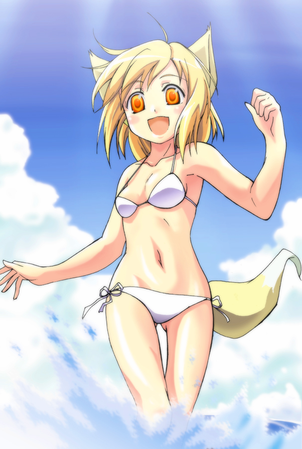 mukai, original, 1girl, animal ears, bikini, blonde hair, day, female focus, fox ears, fox tail, orange eyes, short hair, side-tie bikini bottom, solo, splashing, swimsuit, tail, wading, water