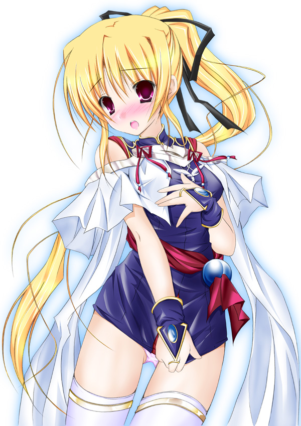 yagami shuuichi, cynthia marguerite, yoake mae yori ruri iro na, bad id, bad pixiv id, blonde hair, blush, hair ribbon, long hair, panties, pink panties, ponytail, red eyes, ribbon, solo, thighhighs, underwear