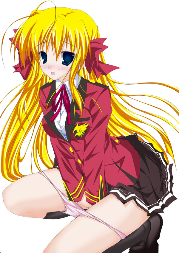 yagami shuuichi, sendou erika, fortune arterial, bad id, bad pixiv id, blonde hair, blue eyes, colored lapels, lapels, long hair, panties, panty pull, school uniform, solo, underwear, very long hair